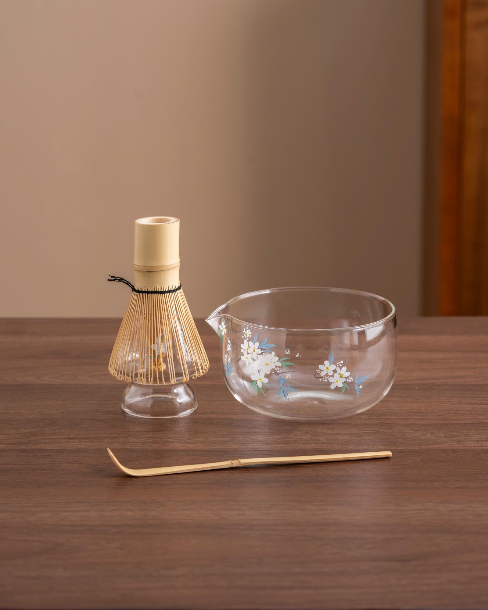 Hand-painted Flower Glass Matcha Bowl With Bamboo Whisk and