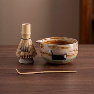 Hand-painted Black Cat Ceramic Matcha Bowl with Bamboo Whisk and Chasen Holder Unique Japanese Matcha Bowl Set 450ml