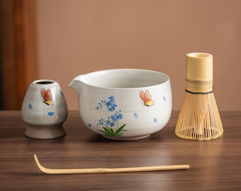 Hand-Painted Ceramic Matcha Bowl Set with Bamboo Whisk