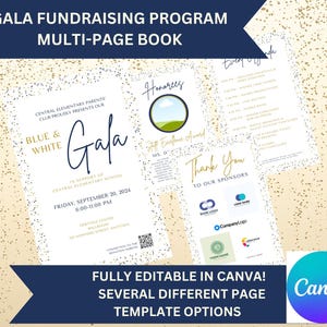 Può includere: Un modello di libro multipagina per un programma di raccolta fondi di gala. Il design presenta una combinazione di colori blu e bianco con accenti dorati. Il testo include "Gala", i dettagli dell'evento e i loghi degli sponsor. Il logo Canva è visibile.