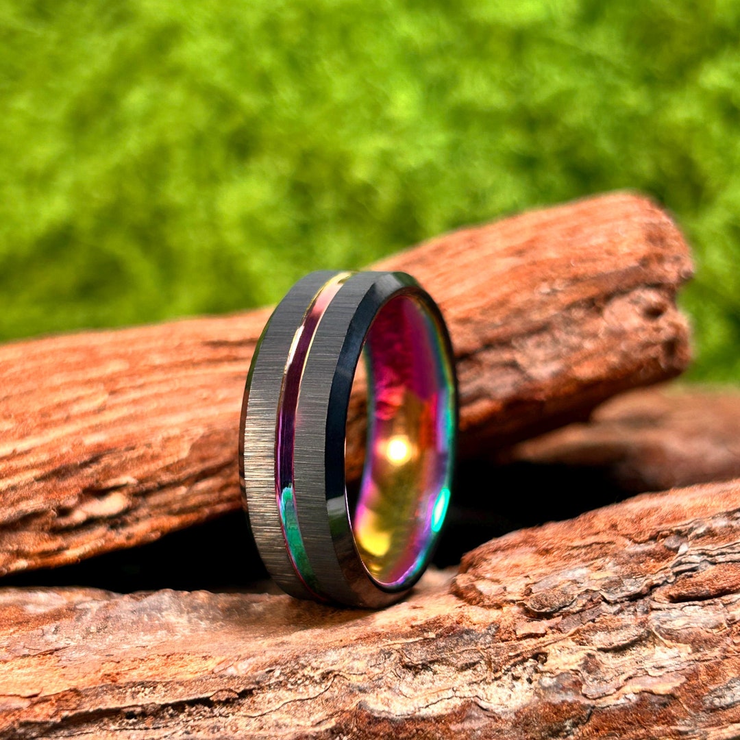 Black Rainbow Wedding Ring Tungsten Ring Mens Womens Wedding Band ...