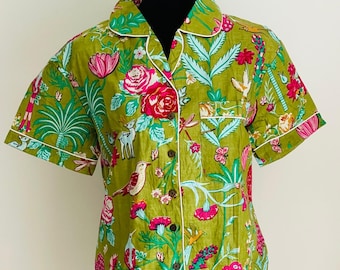 Katoenen pyjamaset met bloemenprint: met de hand bedrukte loungekleding voor dames, pyjama met korte mouwen voor dames, cadeau bruidsmeisje, katoenen pyjamaset