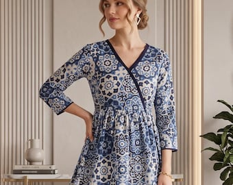 Indigo Blue Hand Block Printed Cotton Tunic for Women | V-Neck Wrap Style Summer Blouse | Angrakha Style Top For Women | Thanksgiving Gift