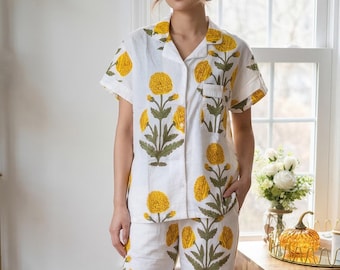 Katoenen pyjamaset met bloemenblokprint: loungenachtkleding met korte mouwen voor dames, cadeau bruidsmeisje, ultrazachte katoenen pyjama, pyjama voor bruidsmeisje
