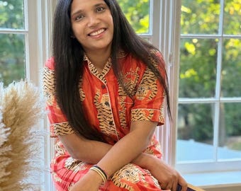 Katoenen pyjamaset met tijgerprint handblokprint loungekleding dames, pyjamaset met korte mouwen, cadeau bruidsmeisje, katoenen pyjamaset bruidsmeisje