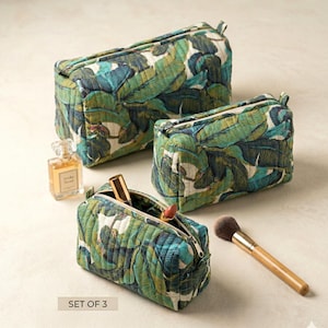 Quilted Cotton Toiletry Bag Set, Floral Block Print Cosmetic Pouches (Set of 3)