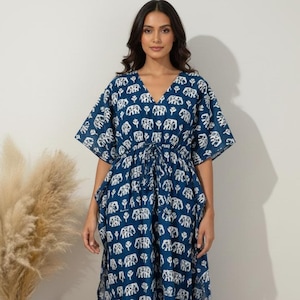 Maxi Kaftan Kleid aus 100% Baumwolle mit handgefärbtem Elefantendruck