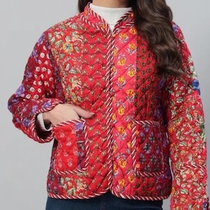 Hand Block Print Quilted Cotton Jacket for Women, Red Floral Boho Winter Jacket, Lightweight Indian Handmade Coat