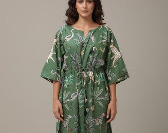 Veelkleurige jungleprint zachte katoenen kaftanjurk, lichtgewicht nachtkleding handblokprint jurk voor vrouwen strand bedekken zomer kaftan mumus