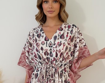 Floral Cotton Kaftan Dress, Hand Block Printed, Beach Cover Up, Valentines Day Gift, Hand Block Print Floral Kaftan Dress For Women