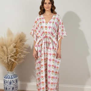 Floral Block Print Cotton Kaftan Dress, Spring Style Womens Clothing, Unique Gift For Mom, Cotton Nightgown, Kaftan for Women Beach Cover Up