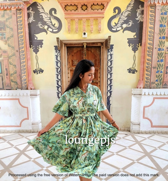 Hand Block Printed Cotton Midi Dress, Green Jungle Animal Print, Pockets