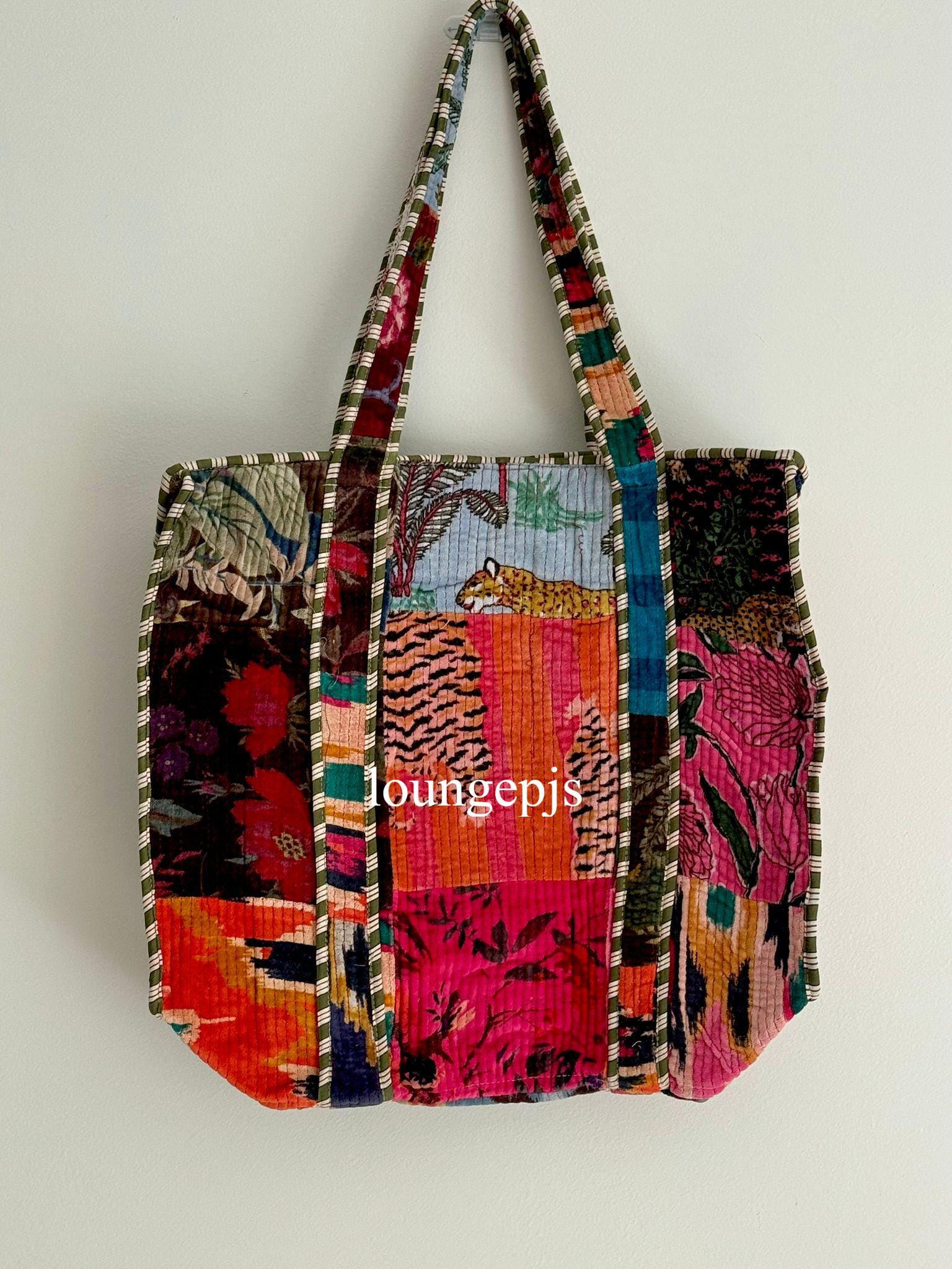 Patchwork Kantha Tote Bag Handmade Boho Cotton Shoulder Bag Vintage Fabric Quilted Market Bag Colorful Travel Tote Eco-Friendly Bag