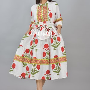 Hand Block Printed Cotton Midi Dress: Red Floral Bohemian Dress