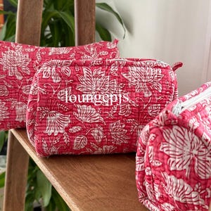 Floral Cotton Quilted Cosmetic Bag Set: Hand-Printed Toiletry Organizer