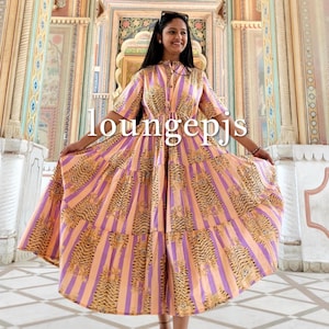 Hand Block Printed Cotton Maxi Dress: Floral Print, Pockets & Waist Tie