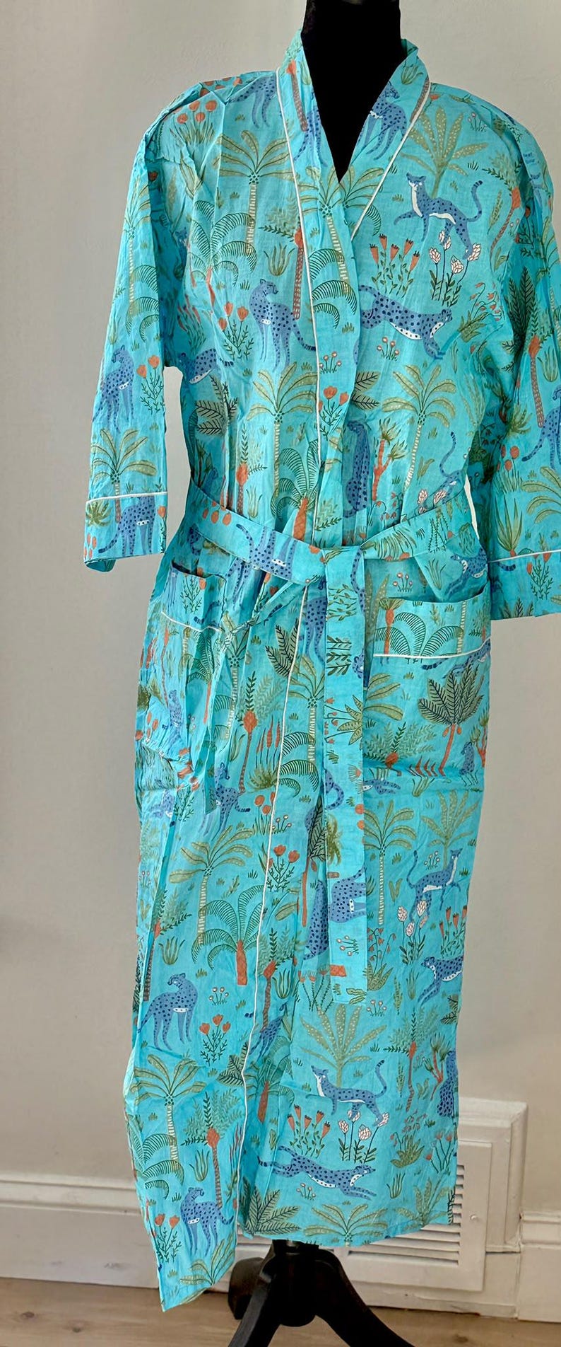 Sky Blue Cheetah Print Kimono Robe, Leopard Palm Tree Cotton Bathrobe ...