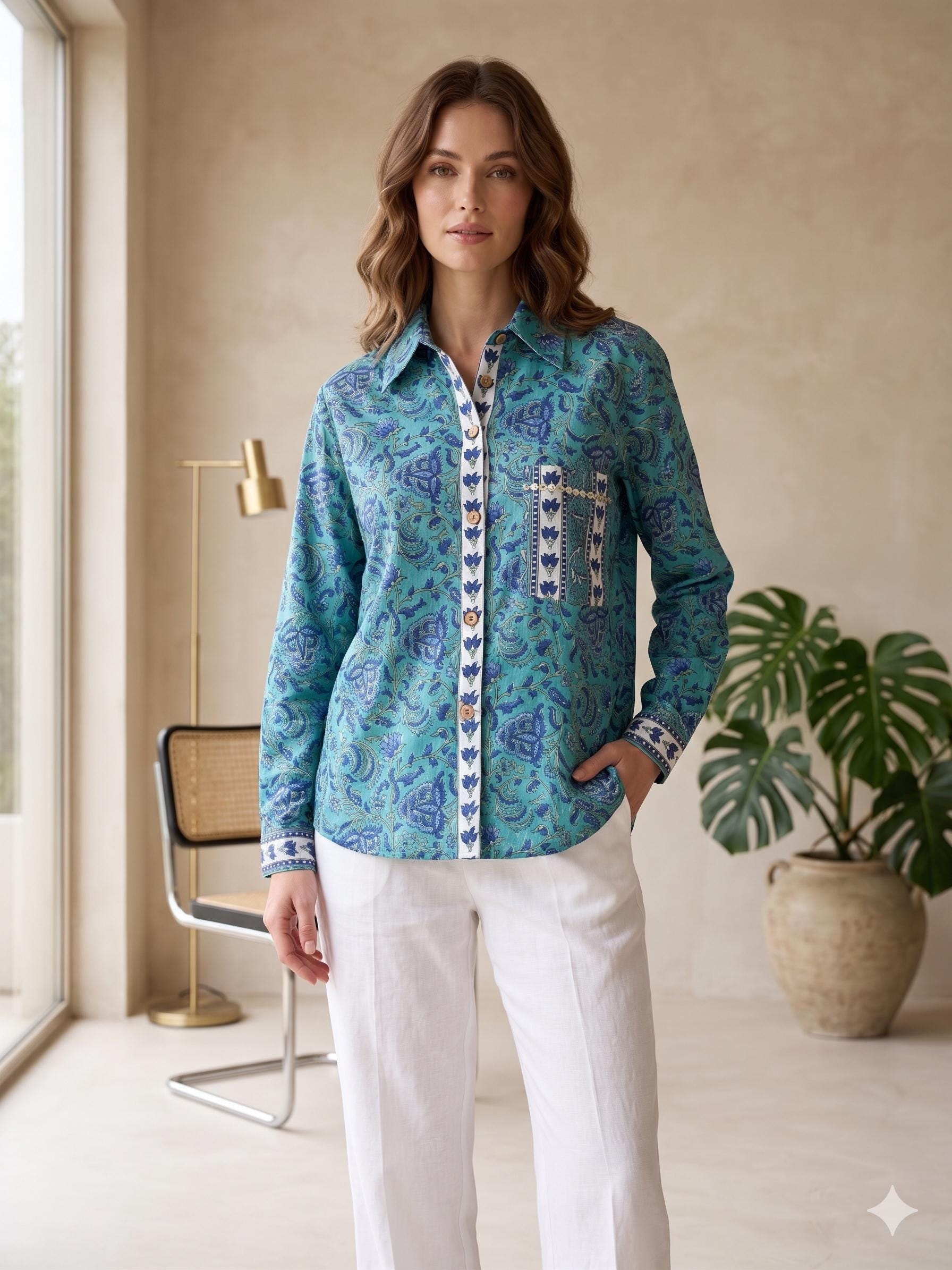 Hand Block Print Cotton Boho Shirt Artisan Summer Tunic, Relaxed Fit