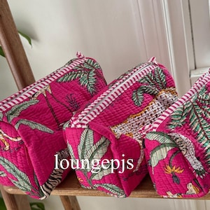 Handmade Quilted Cotton Toiletry Bag: Floral Block Print, Waterproof Lining