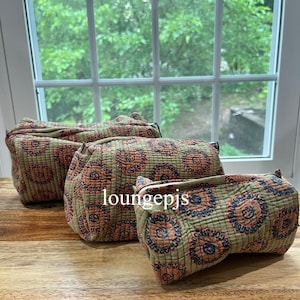 Floral Quilted Cotton Makeup Bags Set: Hand Block Printed Cosmetic Organizer