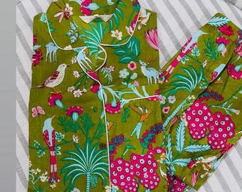 Floral Block Print Cotton Pajama Set: Indian Sleepwear