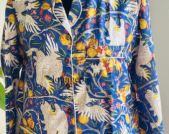 Hand Block Print Cotton Pajama Set: Long Sleeve Womens PJs