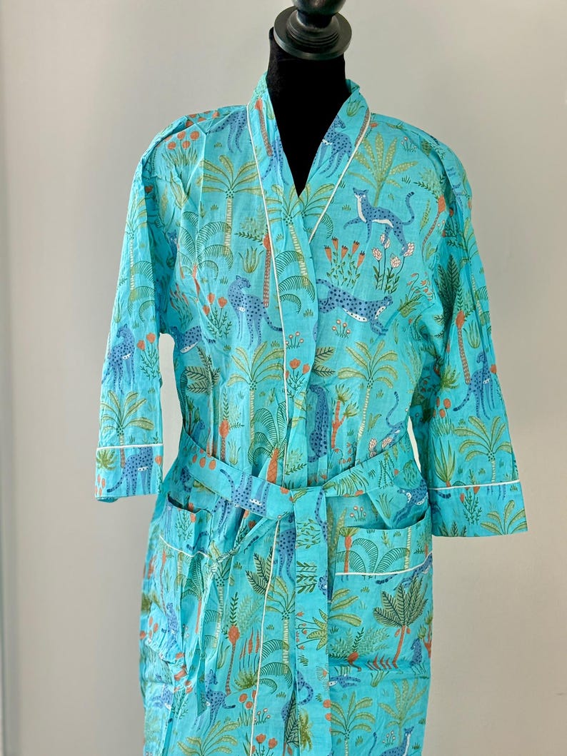 Sky Blue Cheetah Print Kimono Robe, Leopard Palm Tree Cotton Bathrobe ...