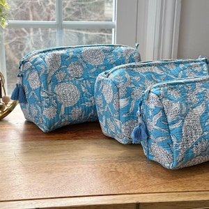 Handmade Quilted Cotton Toiletry Bag Set: Floral Block Print Travel Makeup Organizer