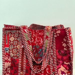 Handprinted Quilted Cotton Tote Bag: Reversible Red Floral Design