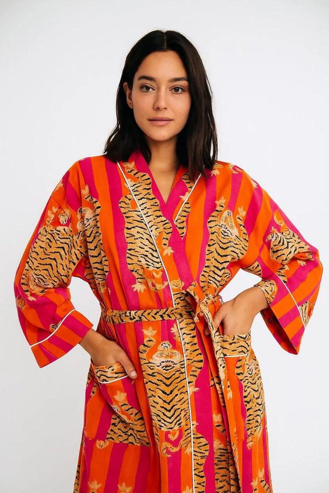 Hand Block Print Cotton Kimono Robe, Tiger Stripe Lounge Wear - Etsy