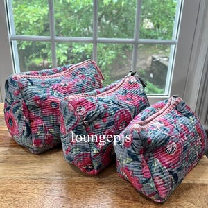 Handmade Quilted Cotton Toiletry Bag: Floral Block Print Travel Makeup Organizer