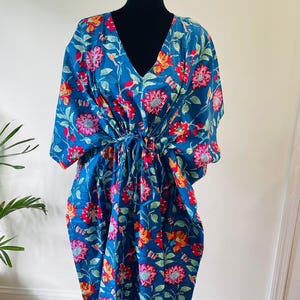 Hand Block Printed Cotton Kaftan Dress: Blue Floral Boho Loungewear