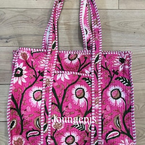 Handprinted Quilted Cotton Tote Bag: Reversible Floral Design