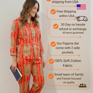 Hand Block Print Cotton Pajama Set, Indian Lounge And Sleepwear, Unique Gift For Her, Christmas Pajamas, Winter Style Gifts, Holiday Pyjamas image 2