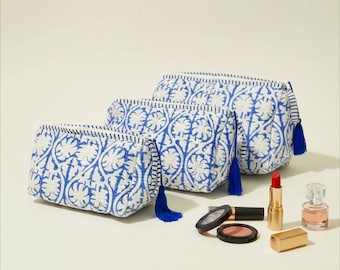 Set Of 3 Block Print Toiletry Bags, Cotton Makeup Bag, Cosmetic Bag Set, Block Print Bag, Gift For Her, Handmade Quilted Tote Bags For Women