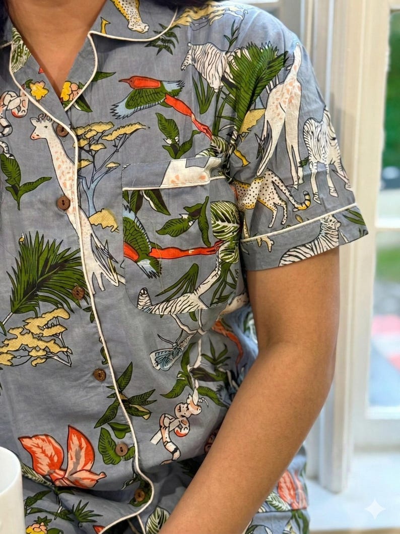 Op de afbeelding: Lichtblauwe pyjama-top met een safari-dierenprint met giraffen, zebra's en vogels. De top met korte mouwen heeft witte biezen, houten knopen en een borstzak. De stof is bedrukt met groene bladeren en oranje bloemen.