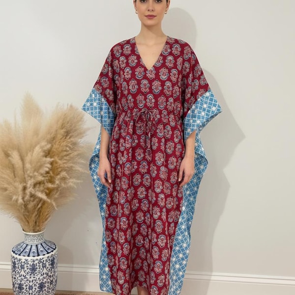 Floral Block Print Kaftan Dress, Soft Cotton Kaftan Dress, Dresses for Women, Caftan, Robe Beach Cover Ups, Vacation Dress