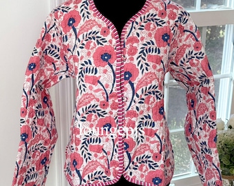 Hand Block Print Cotton Quilted Jacket, Reversible Short Coat