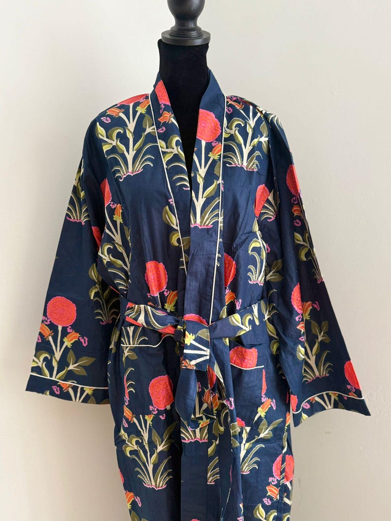 Hand Block Print Cotton Kimono Robe – Botanical Floral Dressing Gown ...
