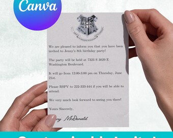 Plantilla de invitación para fiesta de cumpleaños con carta de aceptación de Hogwarts (Canva)