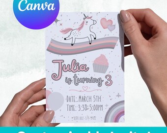 Linda plantilla de invitación para fiesta de cumpleaños de unicornio para Canva