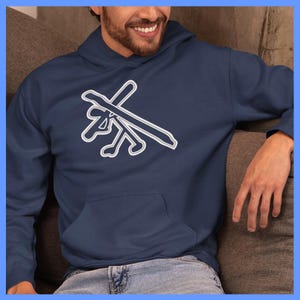 May include: A navy blue hoodie with a white outline of a runway intersection design on the front.