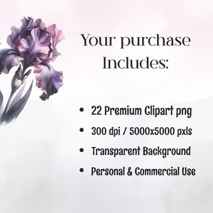 May include: A digital art graphic with a watercolor-style purple iris flower on a soft, light background. Text reads "Your purchase Includes:" followed by details about the included clipart, including 22 premium PNG files, 300 dpi, and transparent background.
