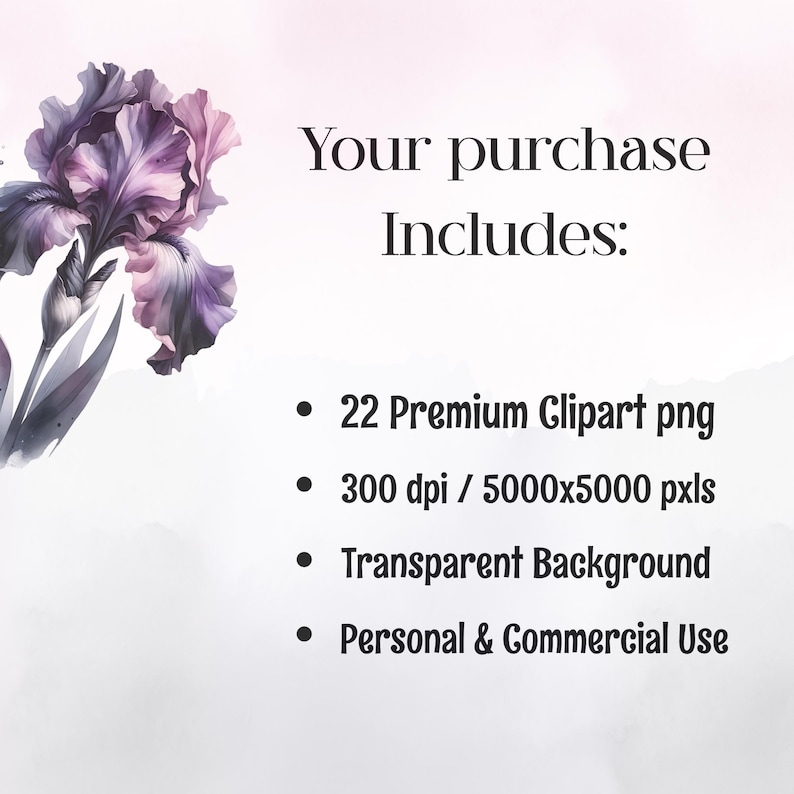 May include: A digital art graphic with a watercolor-style purple iris flower on a soft, light background. Text reads "Your purchase Includes:" followed by details about the included clipart, including 22 premium PNG files, 300 dpi, and transparent background.