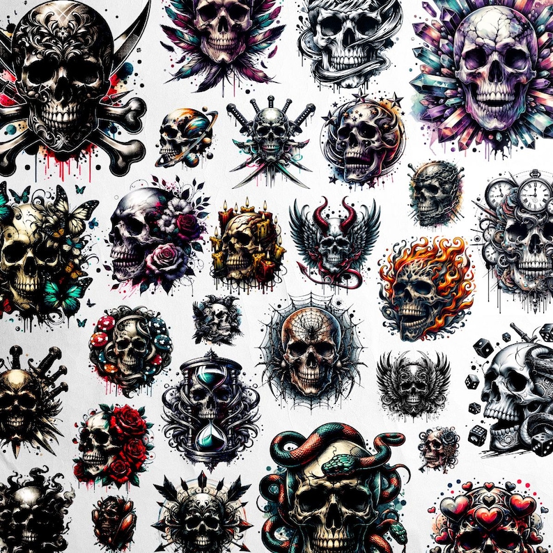 Dödskalle Clipart-paket: 50 unika dödskalledesigner med rosor, ormar, vingar och mer. PNG, direktnedladdning, högkvalitativa, akvarellskallar bild 3