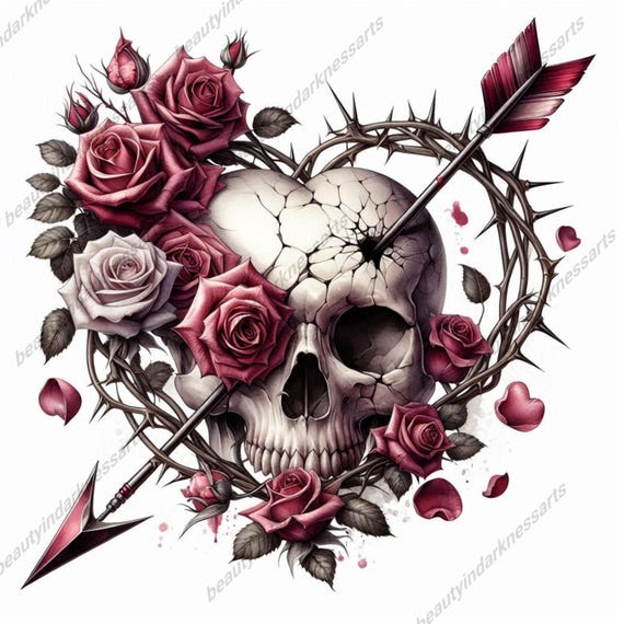 Floral Skull Watercolor Clipart Digital Download 300 dpi transparent png skull and hearts 5000x5000 px sublimation antique skull valentines
