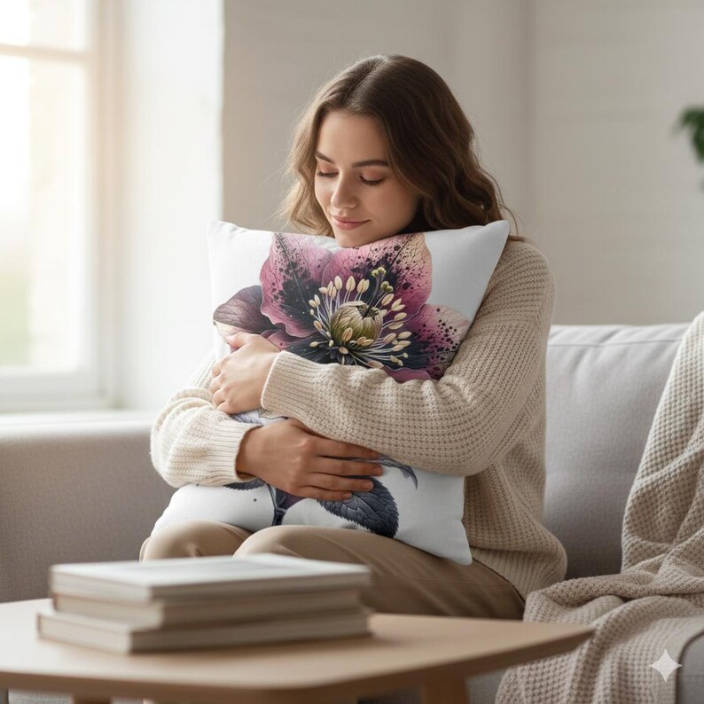 May include: A white decorative pillow featuring a large, detailed floral design in shades of purple, pink, and green. The pillow is rectangular and appears soft, with a close-up view of the flower's intricate details.