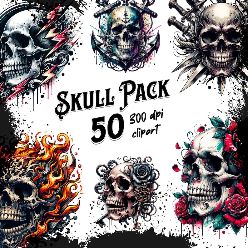 Dödskalle Clipart-paket: 50 unika dödskalledesigner med rosor, ormar, vingar och mer. PNG, direktnedladdning, högkvalitativa, akvarellskallar bild 1