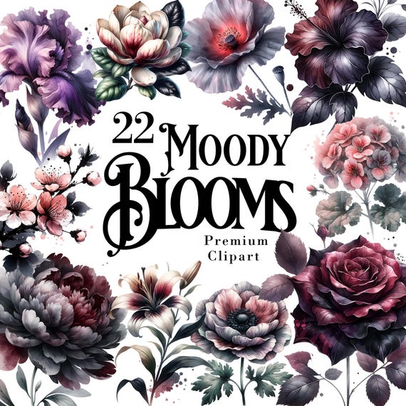 Moody Blooms Dark Floral Clipart Bundle | Crimson & Black Dreamy Flowers PNG | Gothic Botanical Graphics for Sublimation Scrapbooking