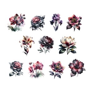 May include: Watercolor illustrations of various flowers, including orchids, roses, and irises, in shades of purple, pink, and white. Each flower is depicted with detailed petals and green leaves, set against a white background.